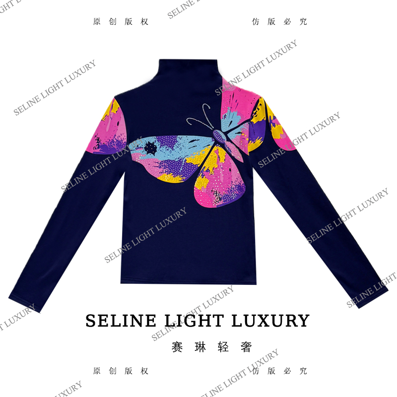 【25Q-751】海 2025 SELINE 原创比翼彩蝶印花轻奢气质高领长袖T恤