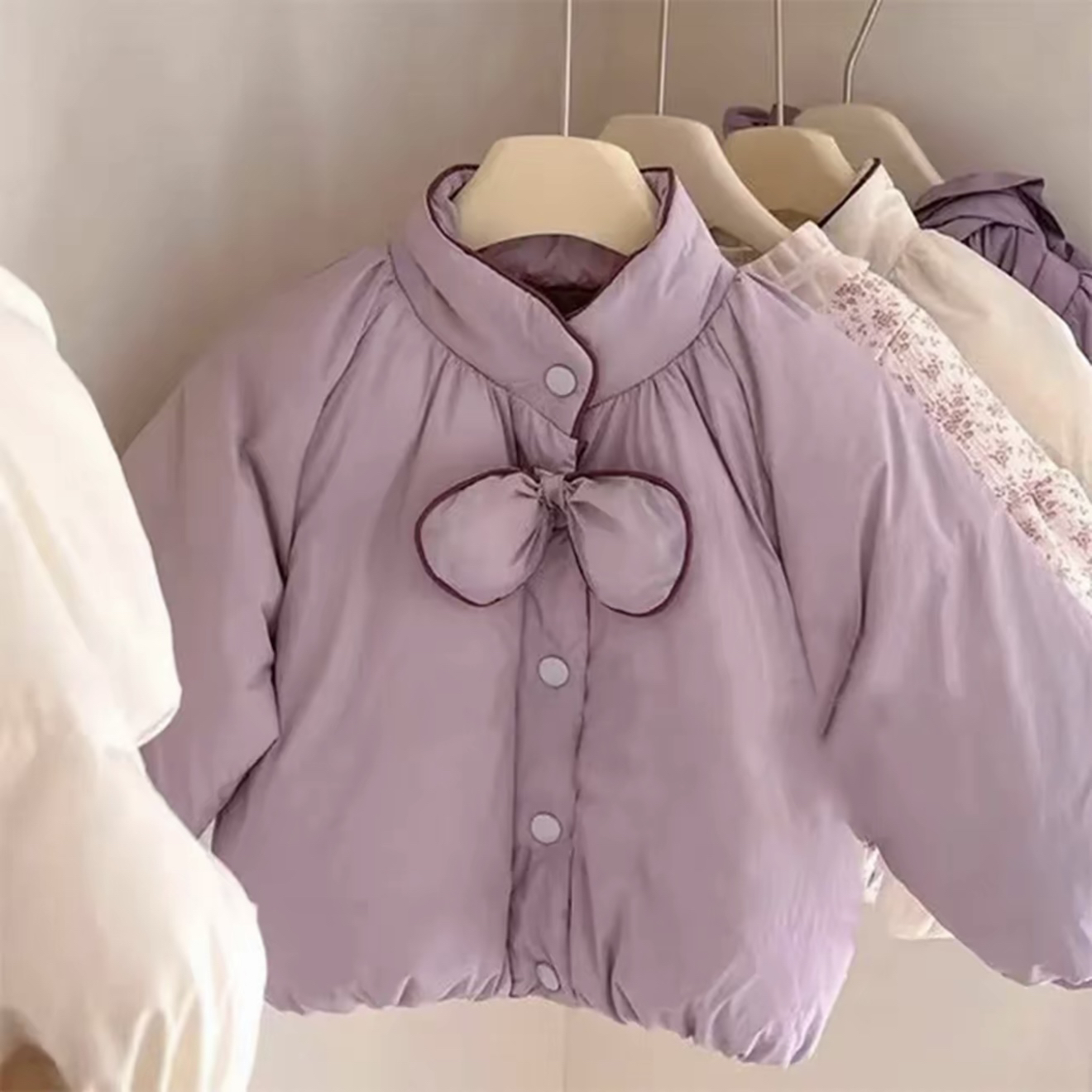 韩版女宝棉服紫色纯色秋冬棉袄厚款蝴蝶结韩版加厚新款洋气保暖