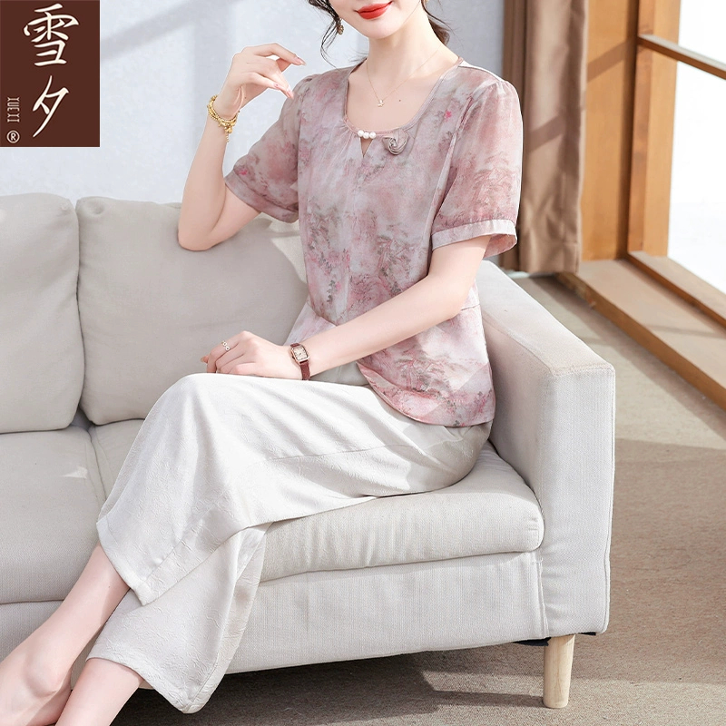 妈妈夏日套装50岁雪纺小衫中老年女新中式上衣母亲节薄款短袖T恤
