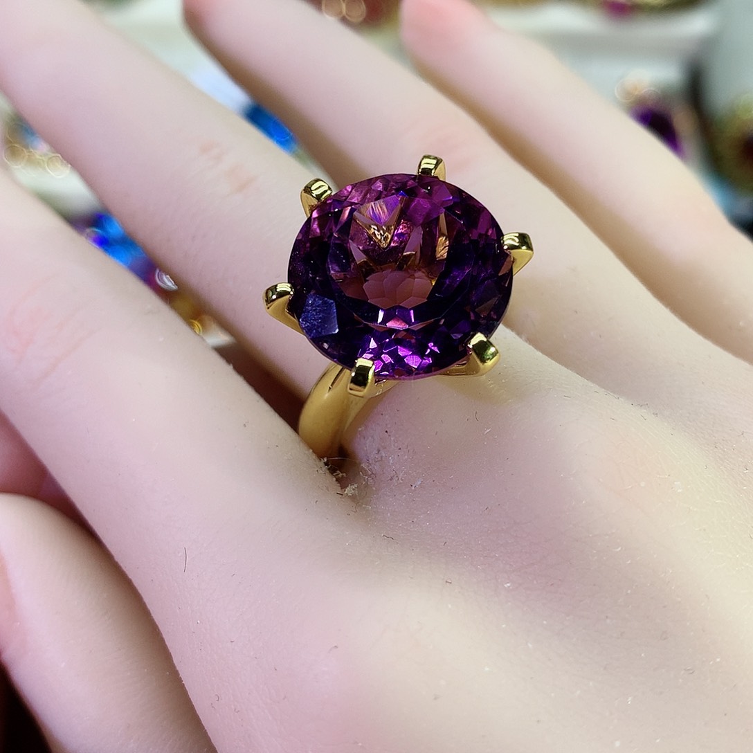 紫晶戒指银S925镀金镶嵌