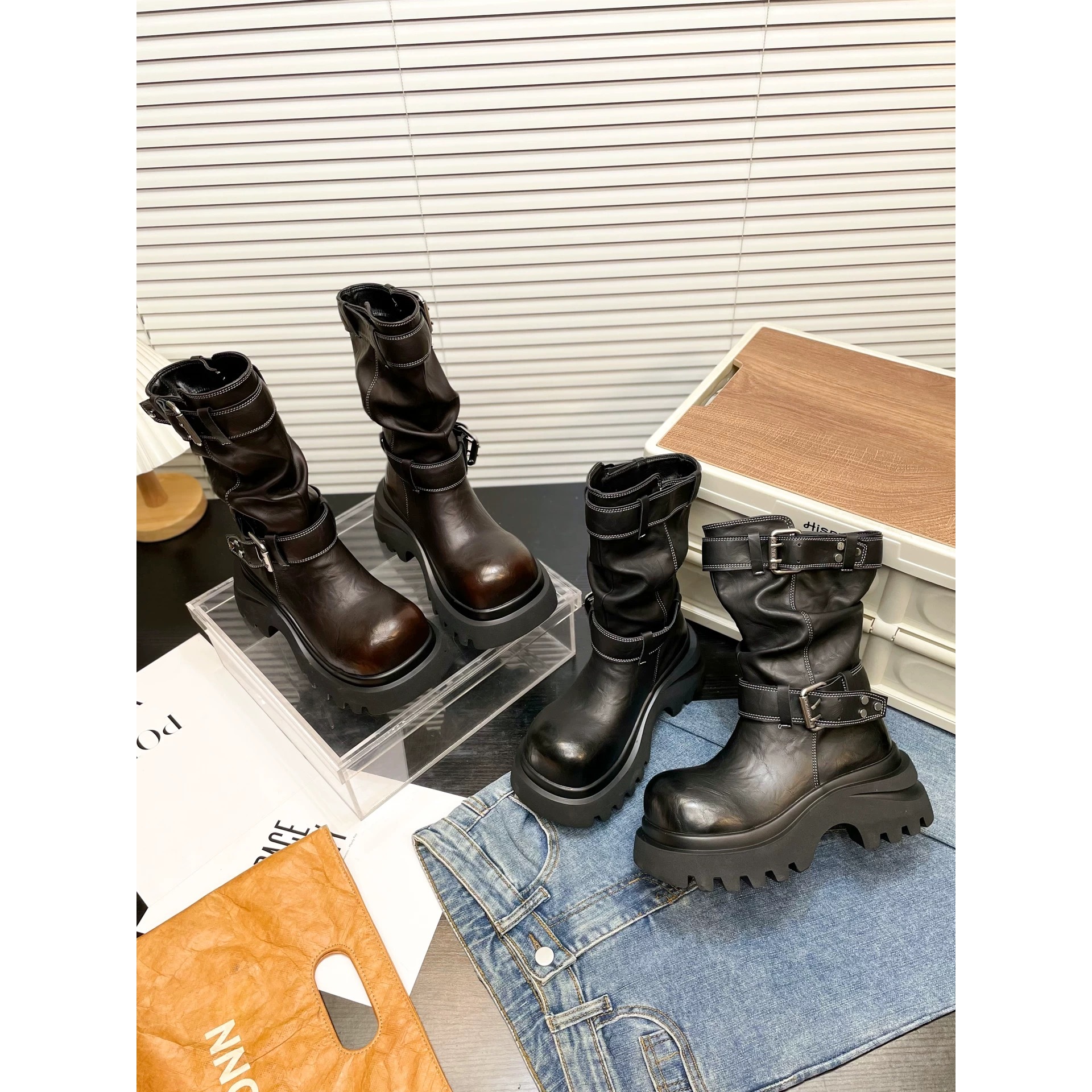 【050-100】马丁靴擦色大头褶皱金属扣机车短靴堆堆裤管靴辣妹女鞋