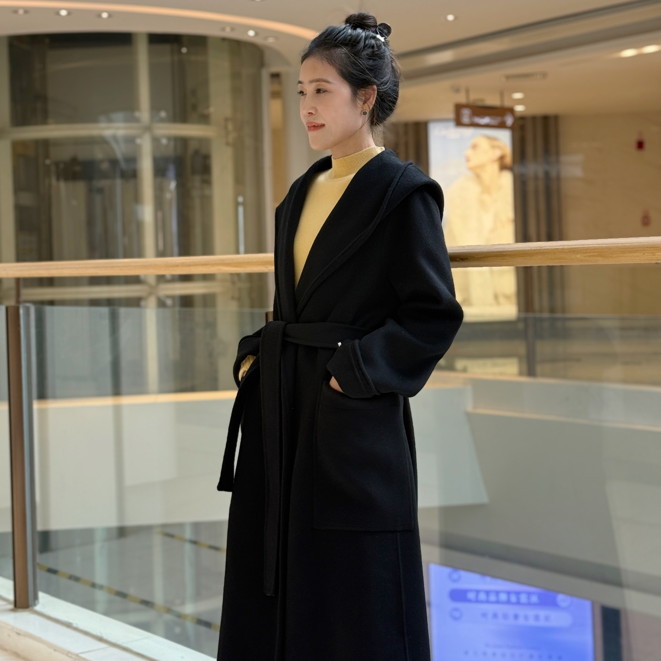 高端定制黑色双面羊毛羊绒大衣女秋冬新款连帽系带羊毛呢子外套