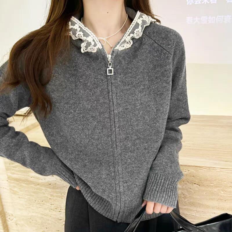6016精致蕾丝拼接连帽针织开衫欧洲站2025春秋新款时尚百搭女
