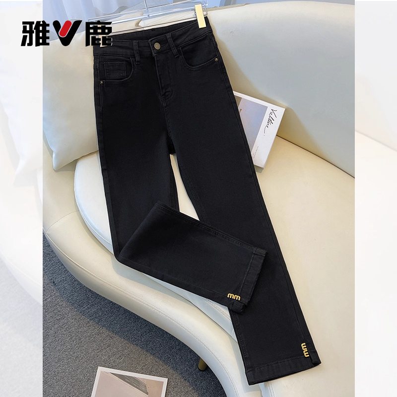 雅鹿黑色烟管牛仔裤秋冬季2025年新款高腰加厚九分裤加绒直筒裤子