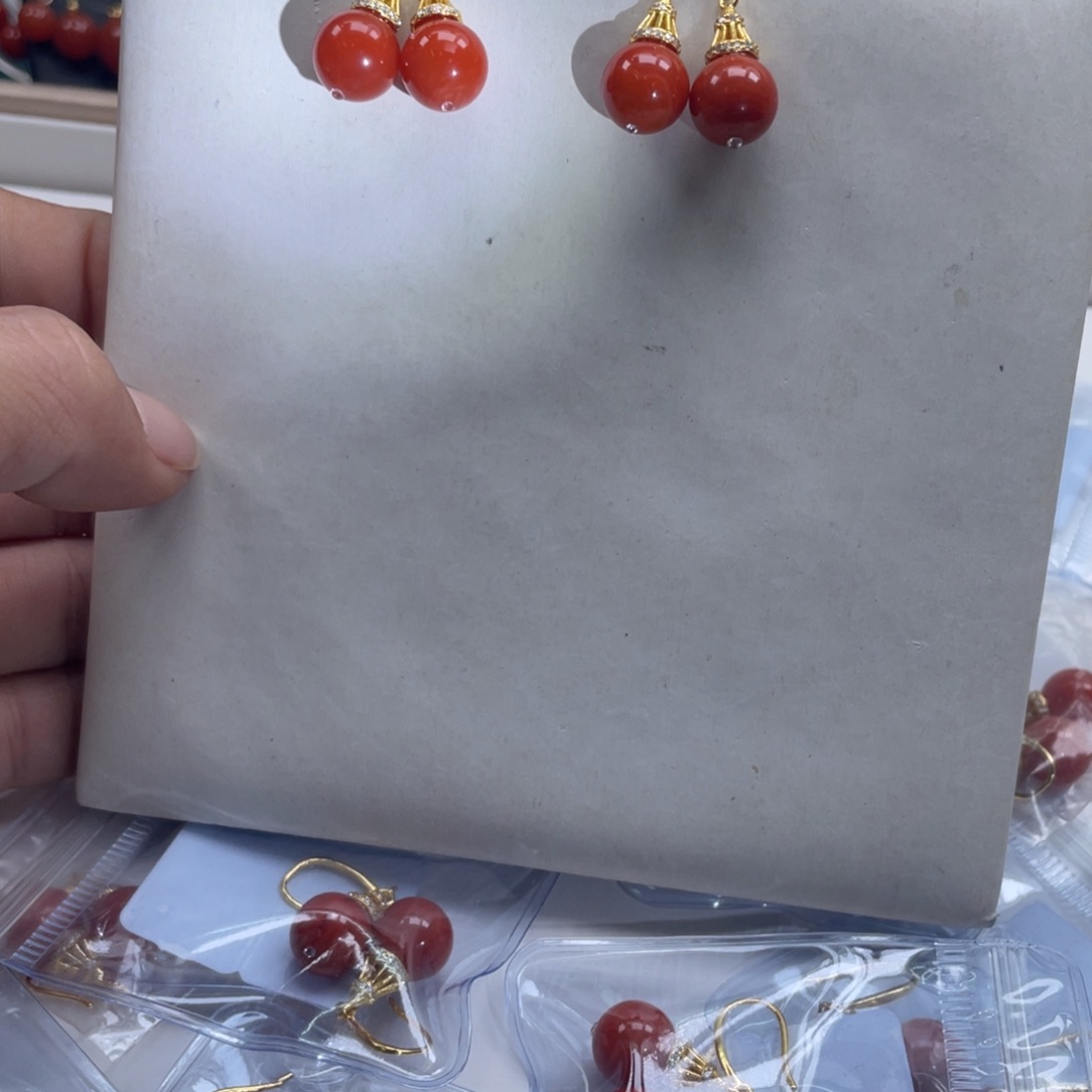 南红玛瑙南红圆珠耳环10+mm 发其一银S925镀金镶嵌