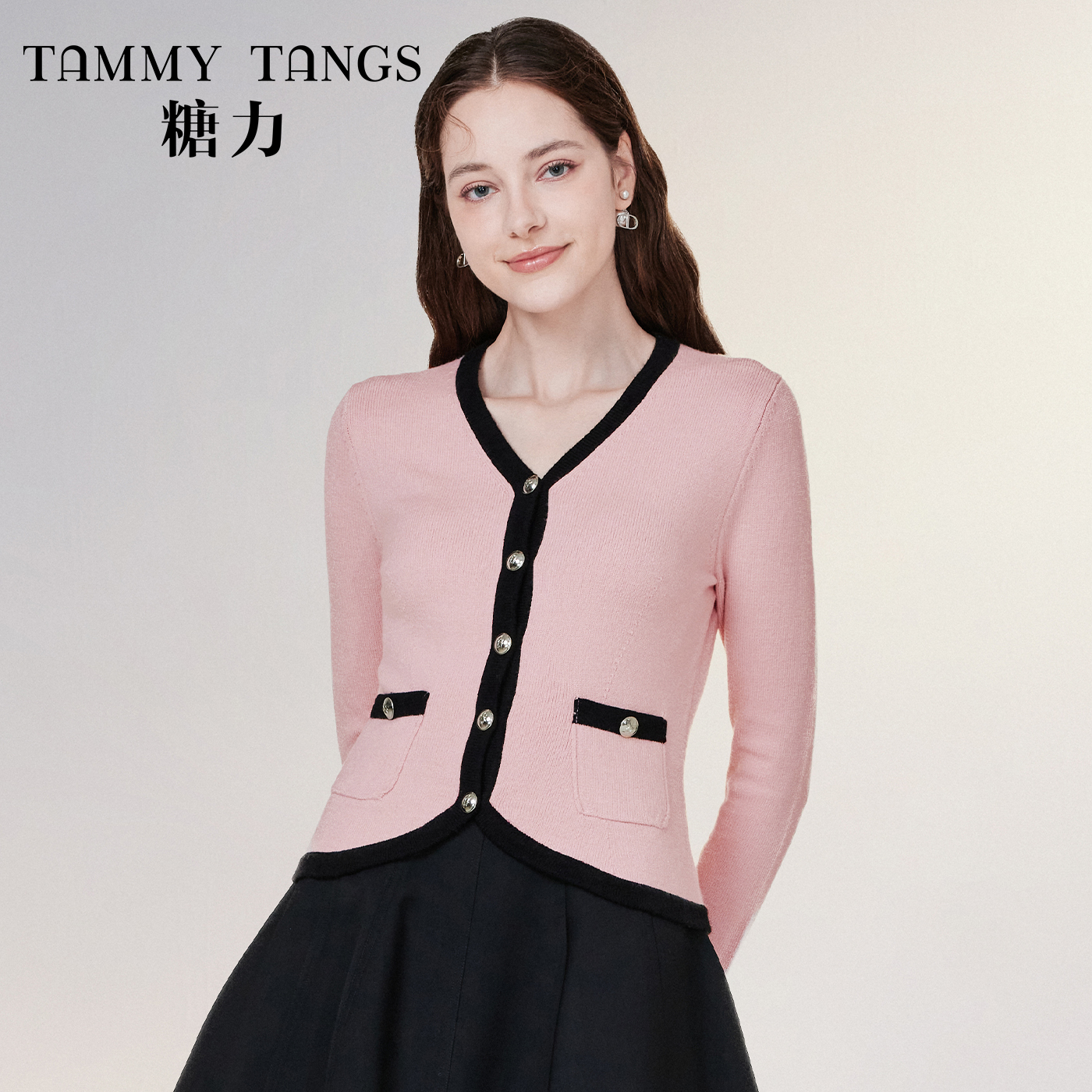 【白姐专属】糖力撞色V领套头收腰显瘦针织衫TWRCS46466