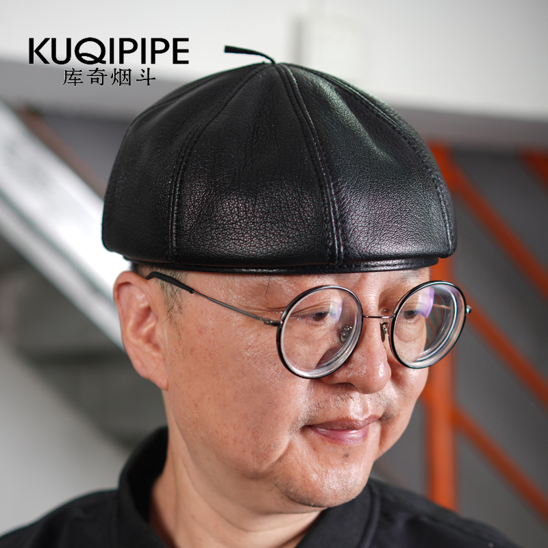 真皮贝雷帽八角帽子秋冬季男时尚无帽檐羊皮地主帽休闲画家南瓜帽