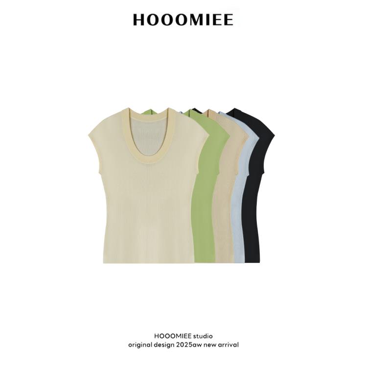 Hooomiee100莱赛尔U领短袖针织衫修身显瘦小飞袖女士上衣J25102