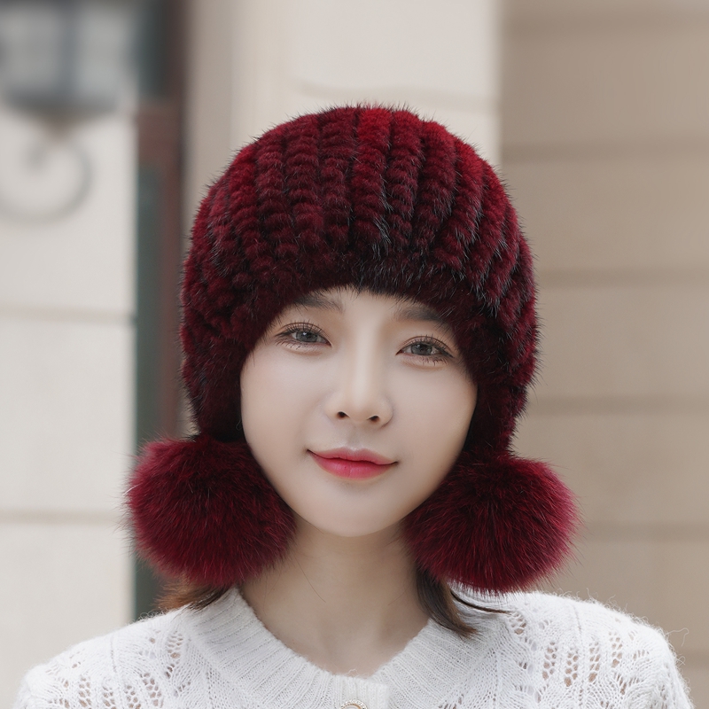 真水貂毛编织帽子貂毛女士狐狸毛球冬天保暖帽真皮毛加厚皮草帽