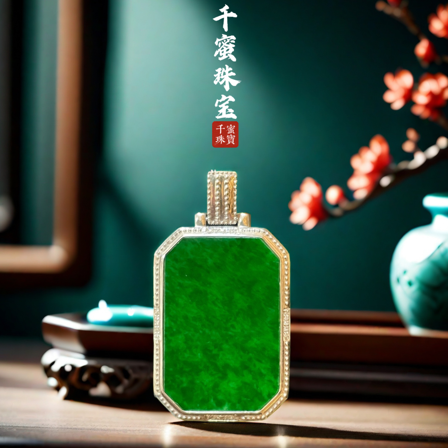 18K天然缅甸A货翡翠白金八角无事牌翡翠无事牌8翡翠绿圆牌