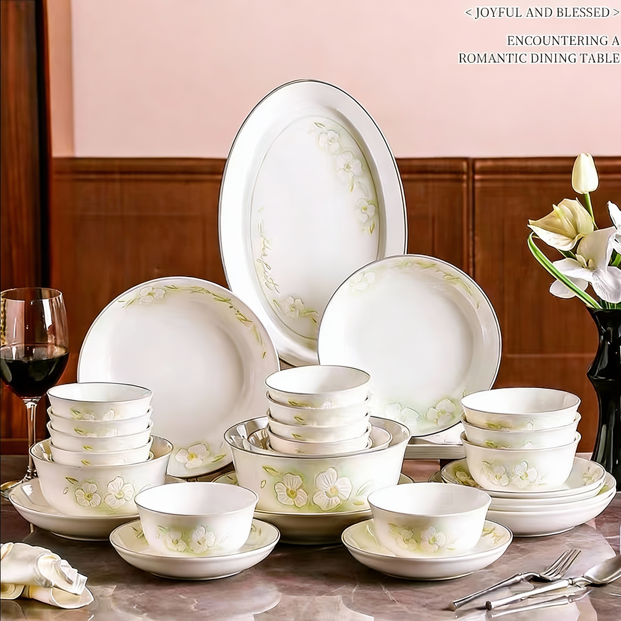 雅诚德清香怡人釉下彩餐具中式饭碗盘子家用微波炉适用陶瓷高脚碗