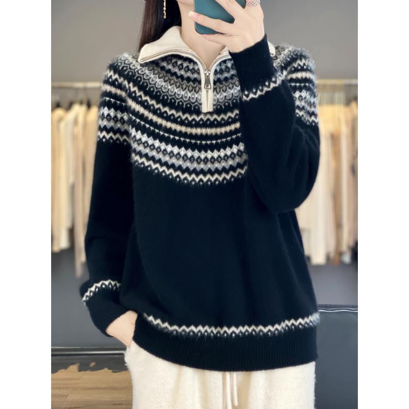 100%羊毛费尔岛立领羊毛针织衫女款秋冬款双股加厚款D397