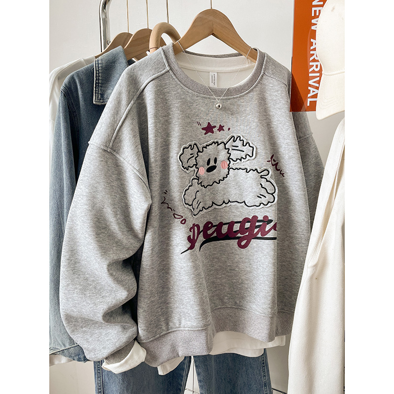 秋冬宽松潮流加绒字母小狗刺绣卫衣女韩版2025新款休闲时尚上衣服