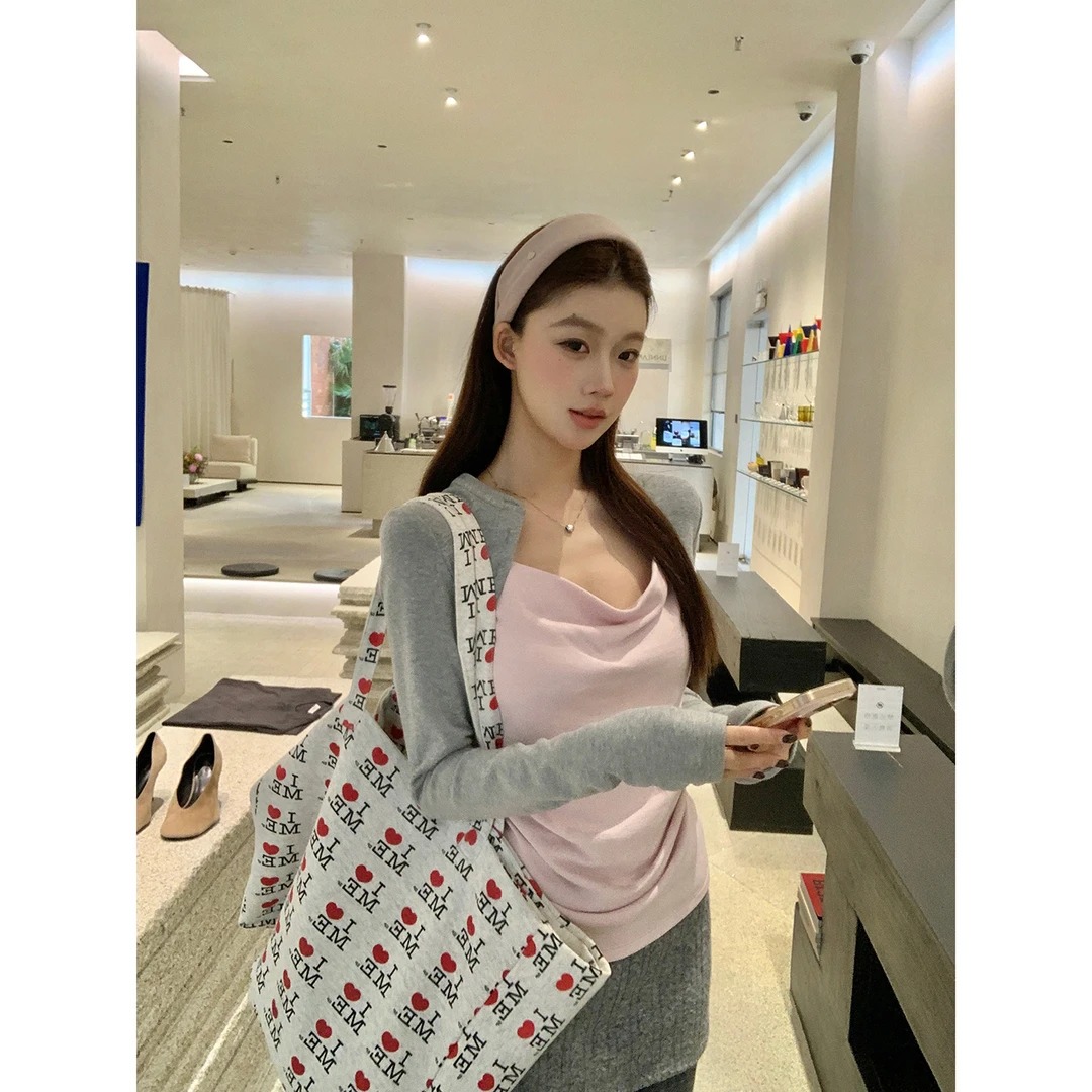 秋冬法式荡领温柔长袖百搭撞色长袖打底假两件拼接T恤W1211