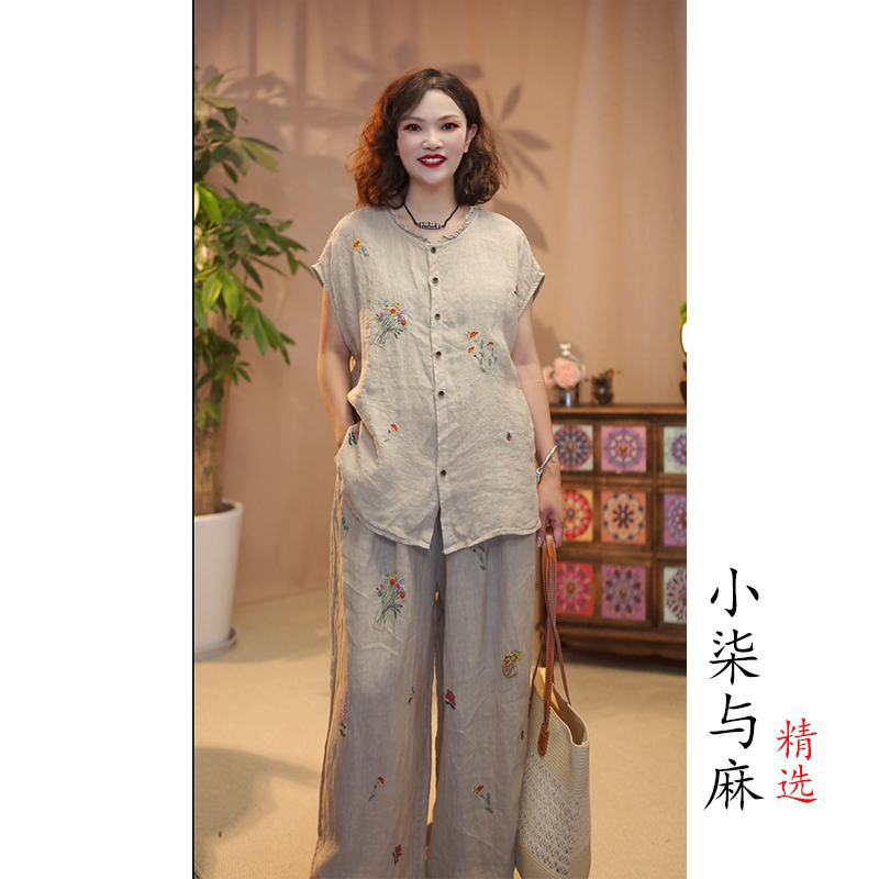 【小柒与麻】100%干洗亚麻文艺刺绣5粒扣小衫（衣长64胸围122）