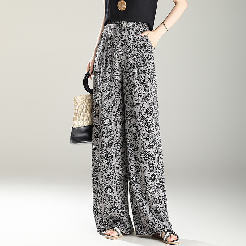 冰丝印花阔腿裤女2025新款夏季高腰宽松显瘦垂感休闲裤直筒长裤子