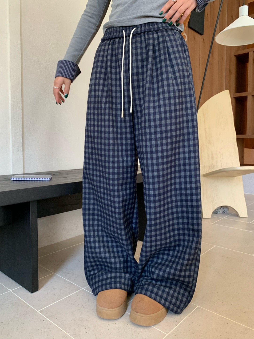 Rainbow-99378#韩系高腰百搭松紧格纹阔腿裤