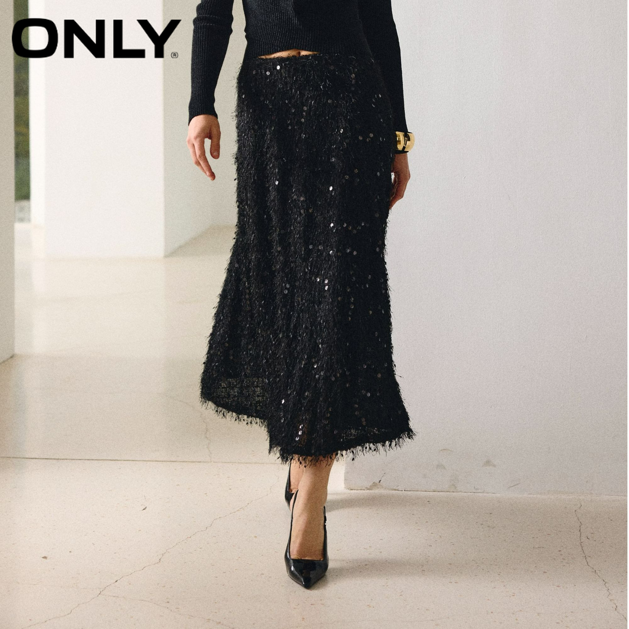 ONLY2026春季亮片半身裙长裙A字版型显瘦女士轻奢气质|126116004