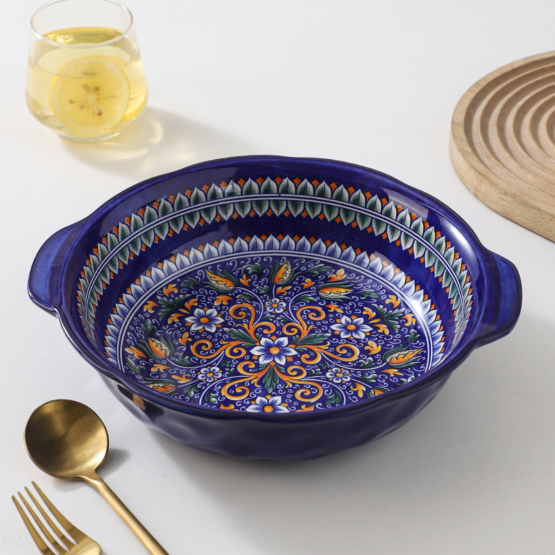 深蓝色10英寸双耳汤盆釉下彩陶瓷餐具