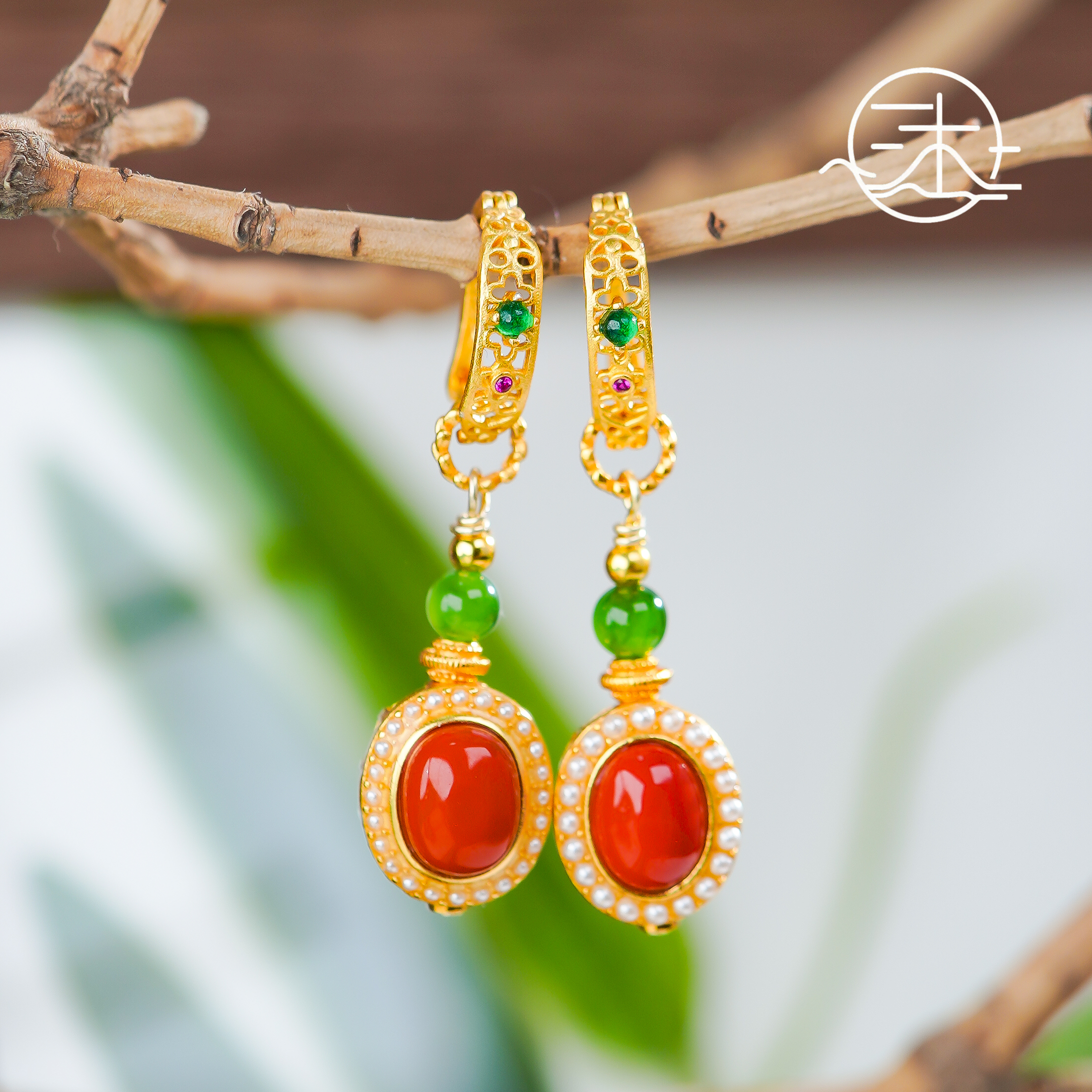 木润【南红】天然和田玉碧玉南红耳坠  S925银