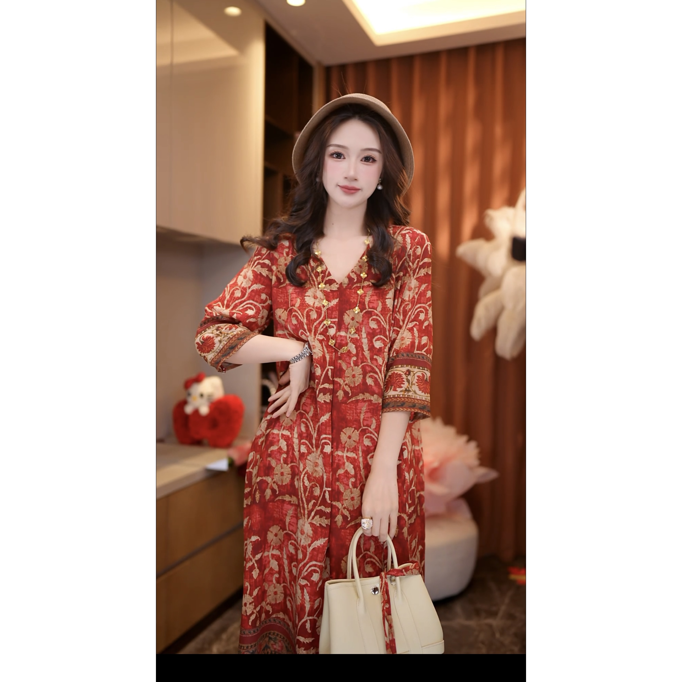 【丝芙玉禄】（S321）真丝双绉桑蚕丝气质印花宽松中长款真丝连衣裙