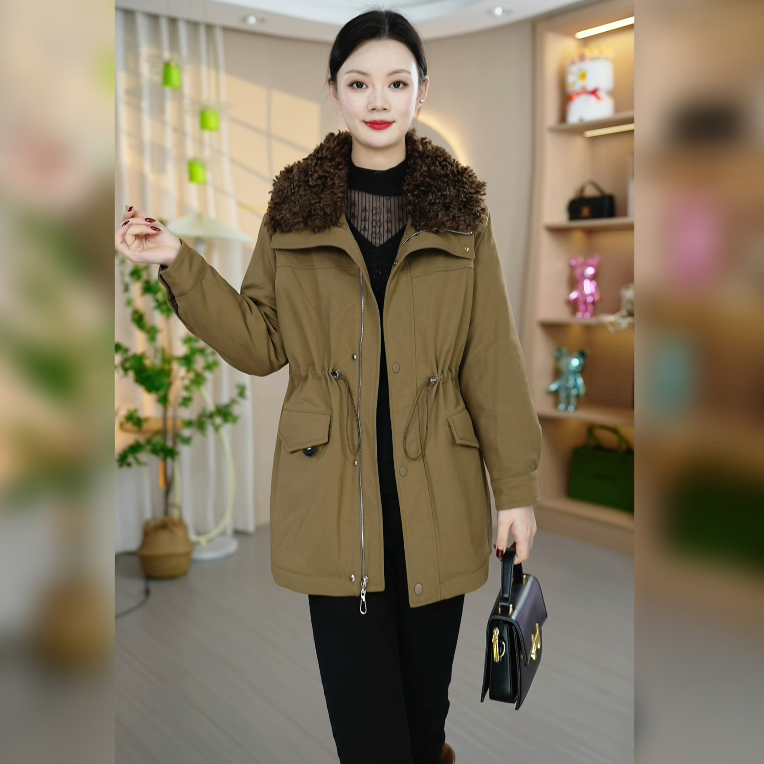 冬季新款气质大码女装洋气百搭中长款加绒加厚时尚休闲毛领外套