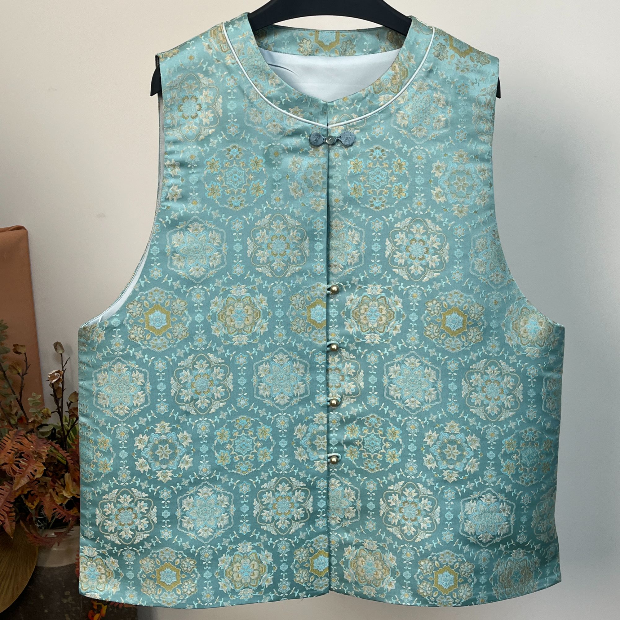 大码织金宋锦马甲【湖蓝宝相花】