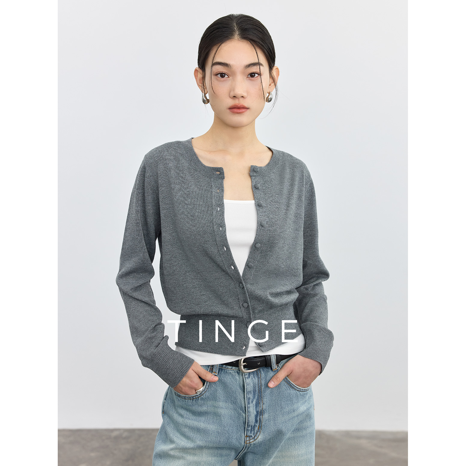 TINGE/贴己圆领正肩针织衫女开春穿搭基础款可机洗开衫长袖上衣