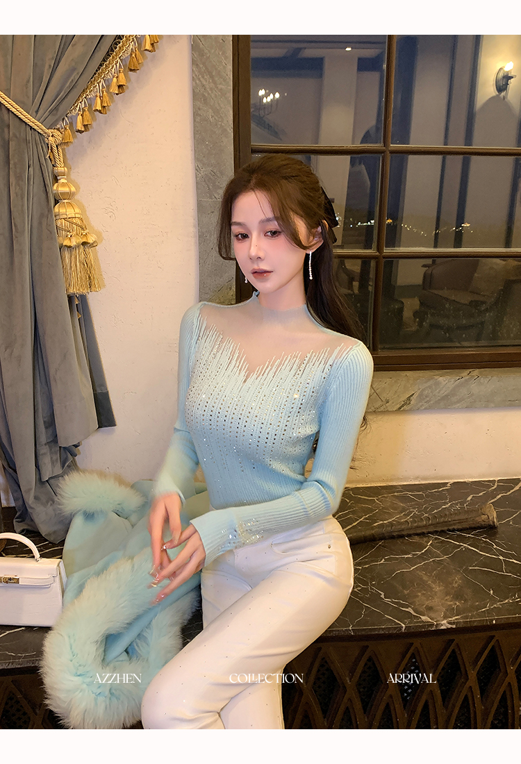 AZZHEN【柔雾栖身】秋冬半高领网纱拼接烫钻镂空长袖上衣AZ5PBT13