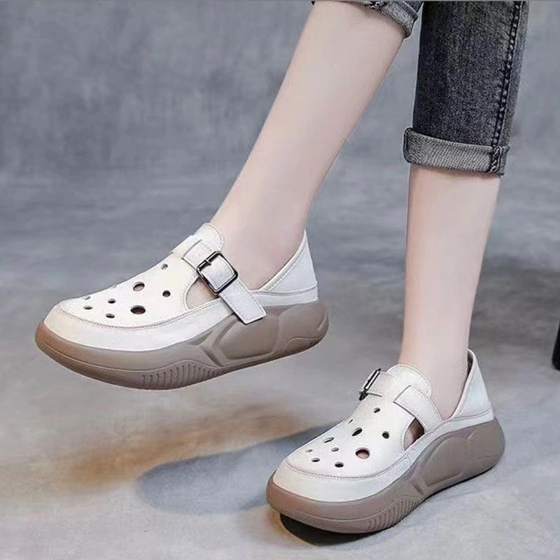 【真皮撤柜】女鞋洞洞鞋圆头松糕跟低帮女包头复古单鞋平跟软底休闲