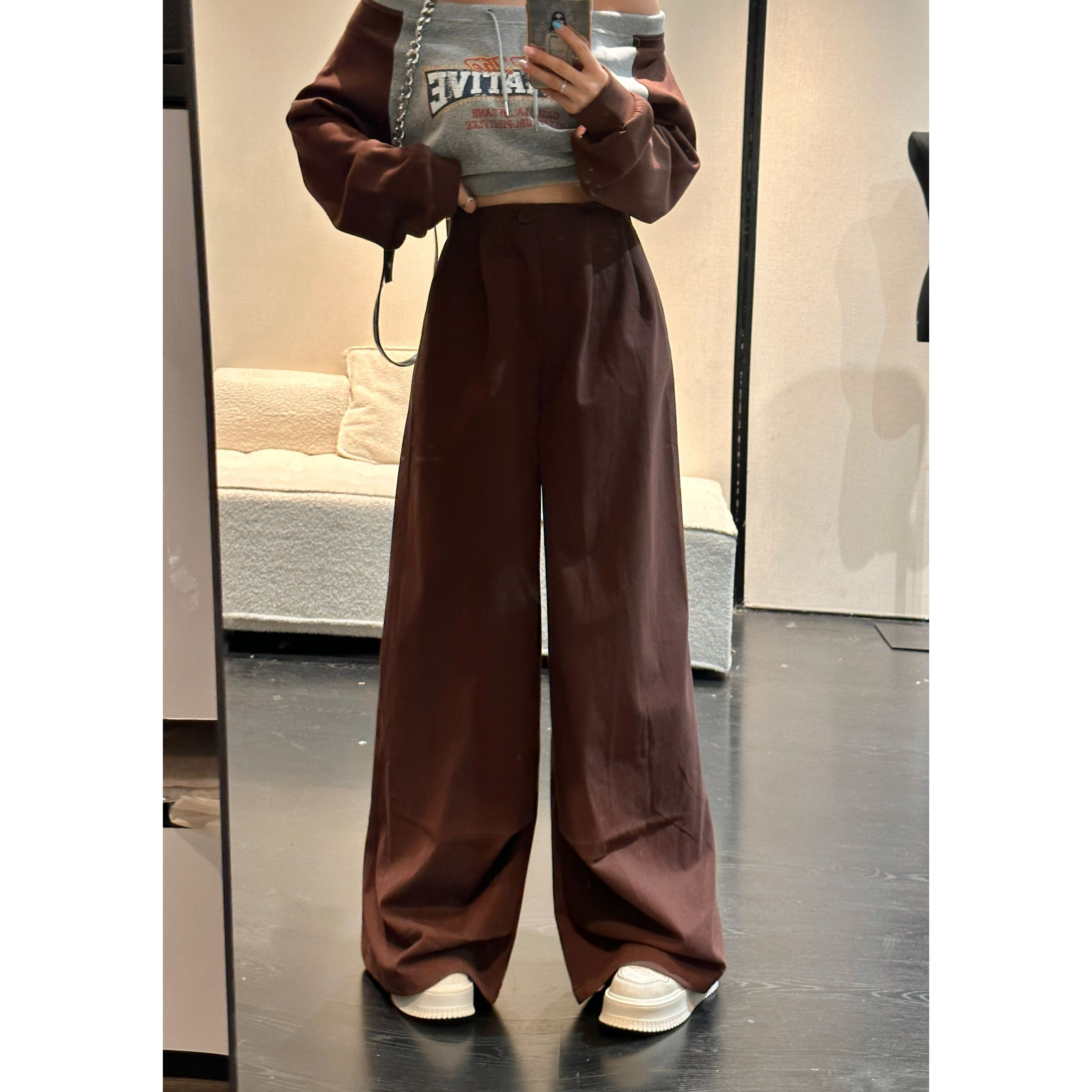 【HuiHui】高腰宽松休闲小众长裤阔腿裤休闲裤时尚（L0142）