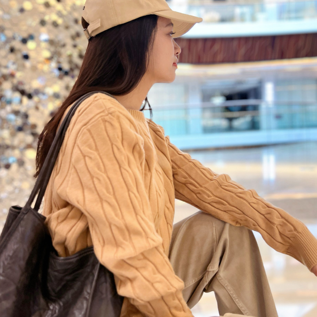 FAFACH 绞花圆领美式老钱调性保暖打底羊毛男女同款针织毛衣百搭