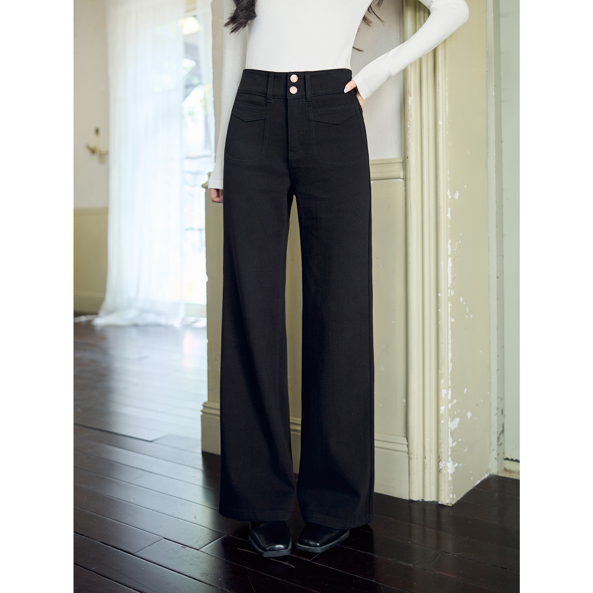 宿本【超模裤】微喇牛仔裤女小个子高腰春秋直筒阔腿长裤1431548KJ