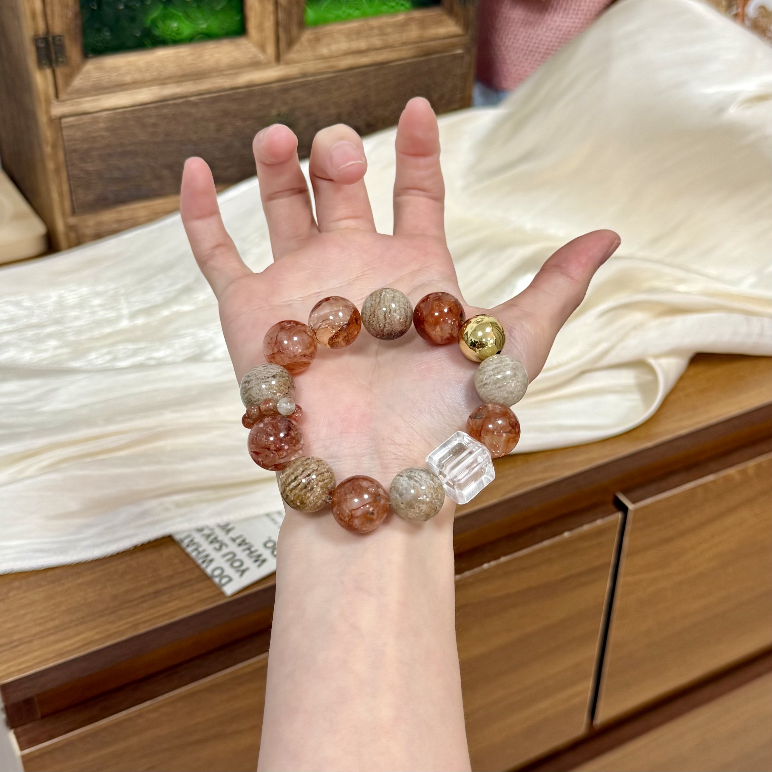 【褐金絮语】15mm红胶花+千层幽灵+白水晶方糖 原创设计天然水晶