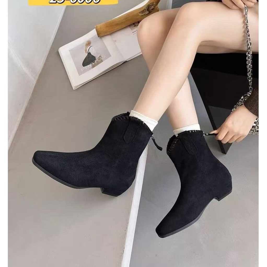 厚底时装靴女新款复古显瘦套筒马丁靴短靴1-79006-1（不加绒）