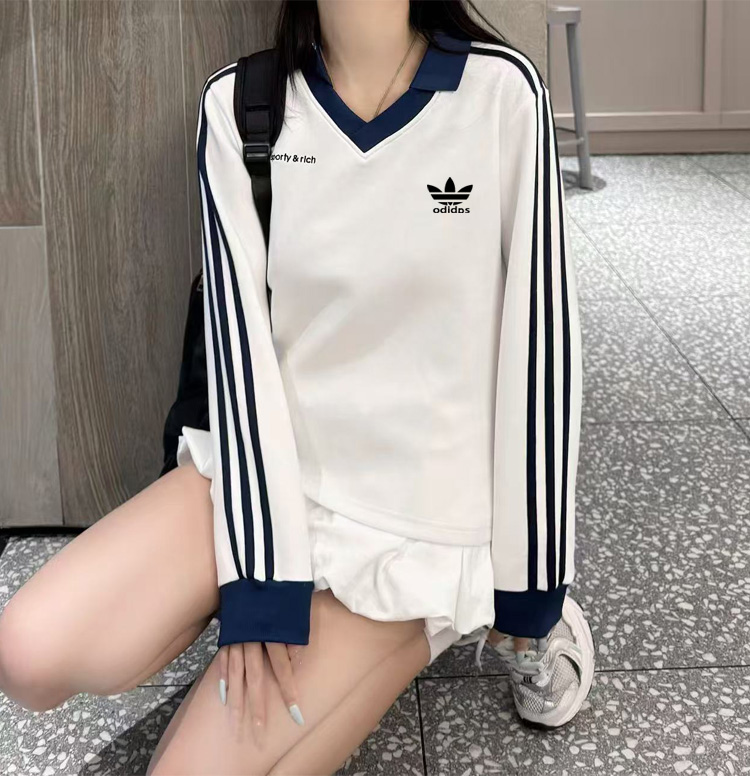 秋季新款运动休闲V领运动风春季长袖翻领撞色假两件少女风5248