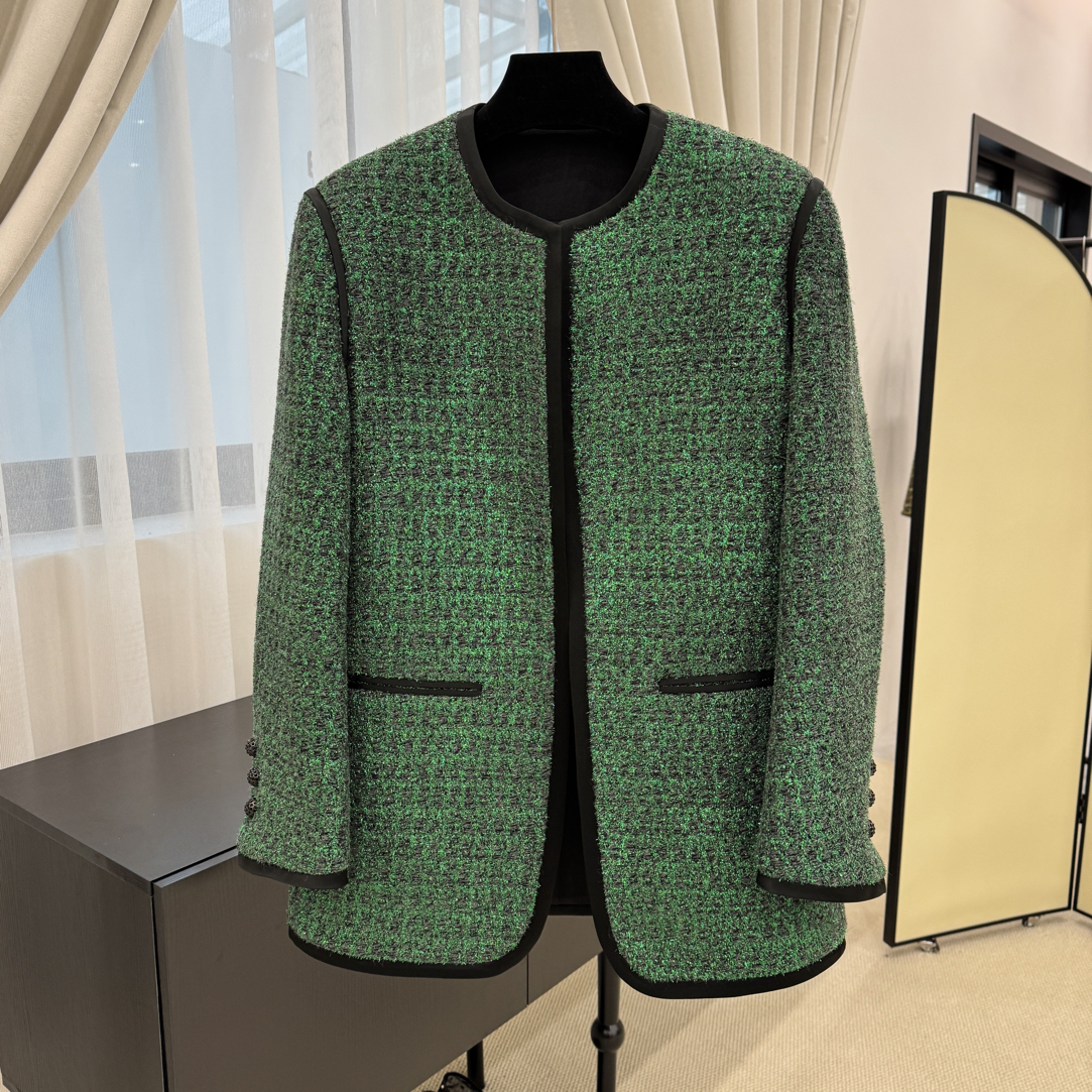 25秋冬新款祖母绿色小香风相拼中长外套