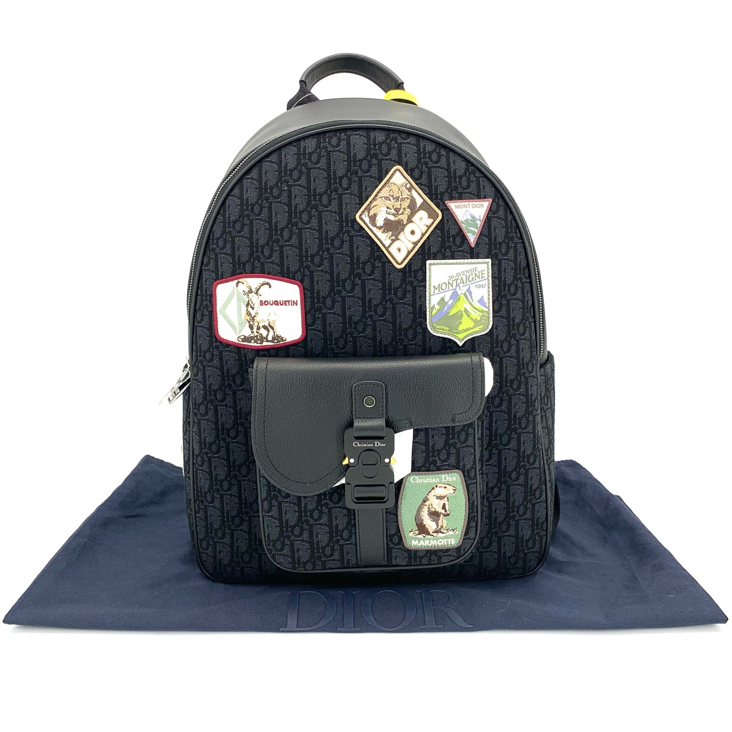 未使用 DIOR/迪奥 经典黑色老花帆布拼皮刺绣徽章双肩包尺寸33/43