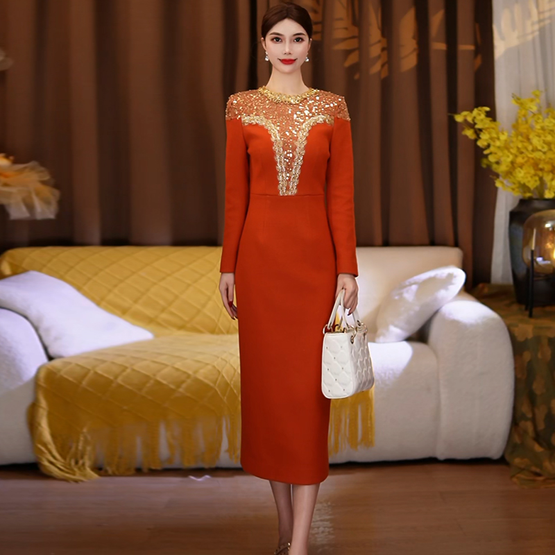 橘色礼服连衣裙长袖秋冬季新款显瘦圆领晚会婚宴包臀一步裙S60589