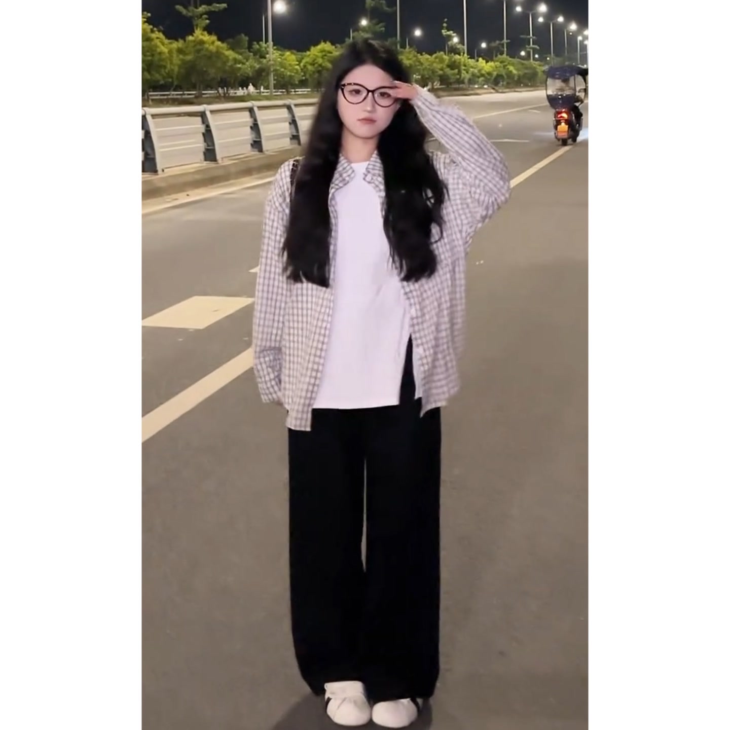 YOO[复古风]慵懒感长袖格子衬衫一韩系带丝带阔腿九分裤863一