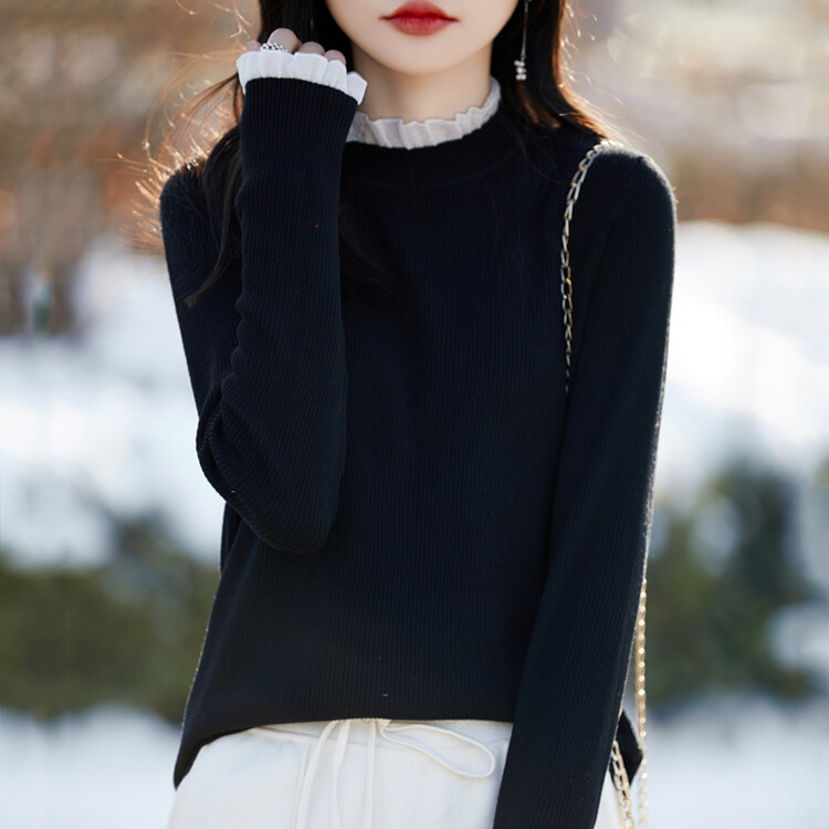 毛衣女爆款纯100羊毛衫长袖上衣女花边蕾丝显瘦弹力衫女款羊毛衫