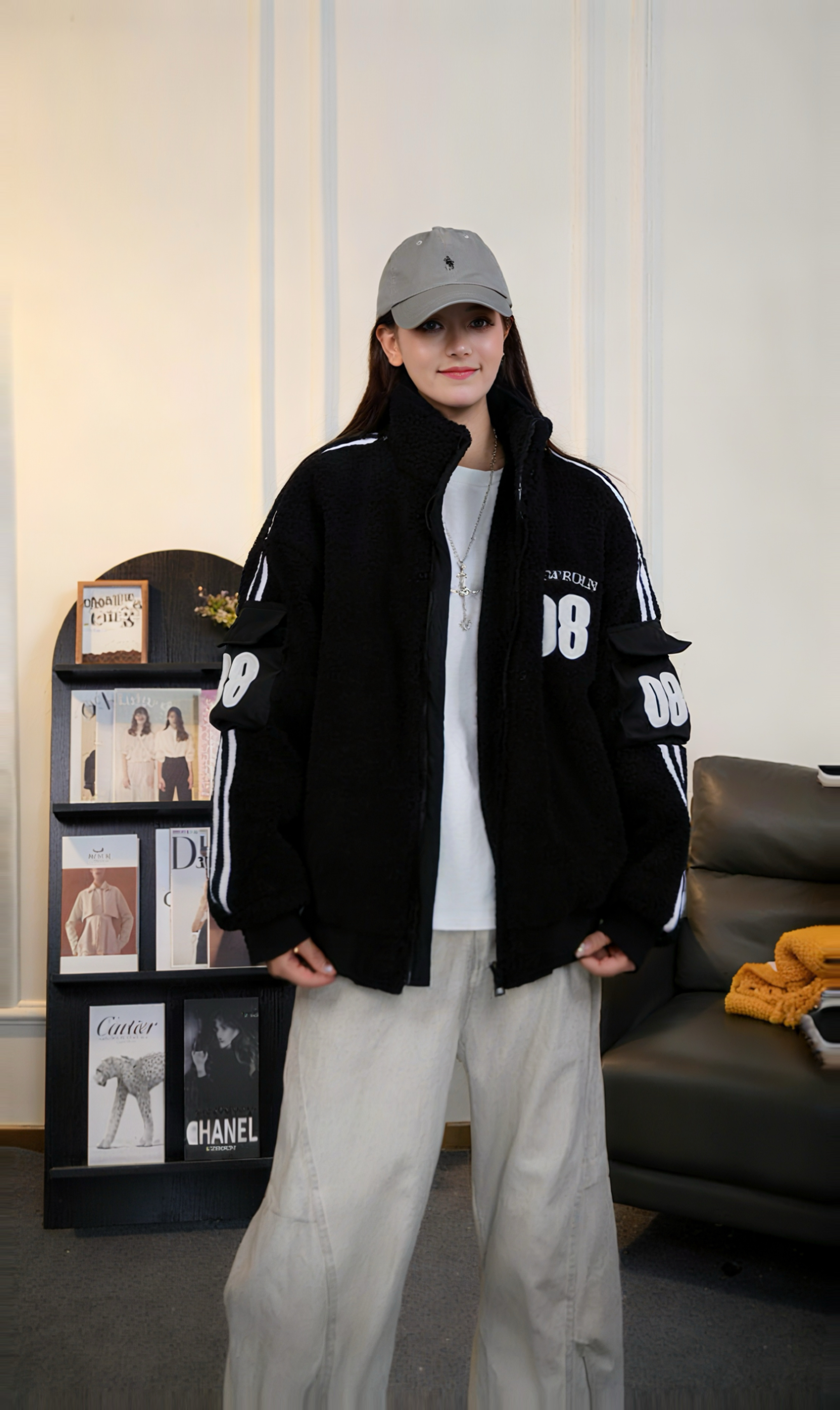 冬季美式潮版情侣同款立领颗粒绒加棉加厚刺绣字母棒球服外套保暖