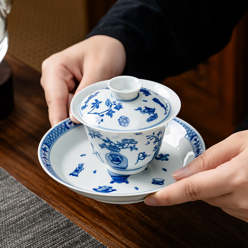 一思堂陶瓷盖碗 景德镇釉下青花手绘博古纹花卉功夫茶泡茶碗茶器