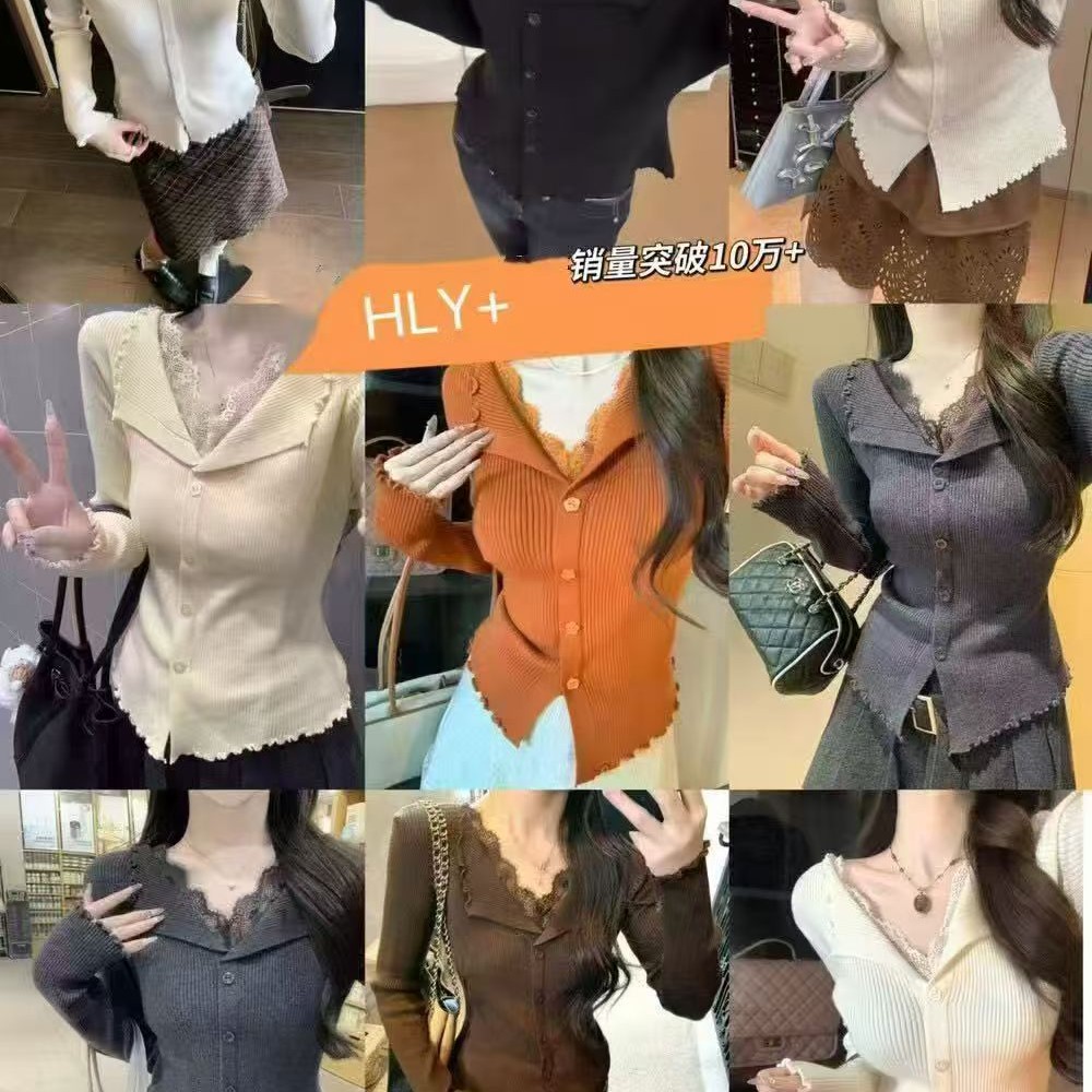 秋冬季蕾丝拼接V领针织开衫女修身显瘦韩系百搭气质短款长袖上衣