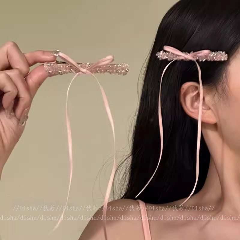 粉色甜美镶钻发夹盘发器蝴蝶结丝带侧边夹头饰发卡小众侧边鸭嘴夹