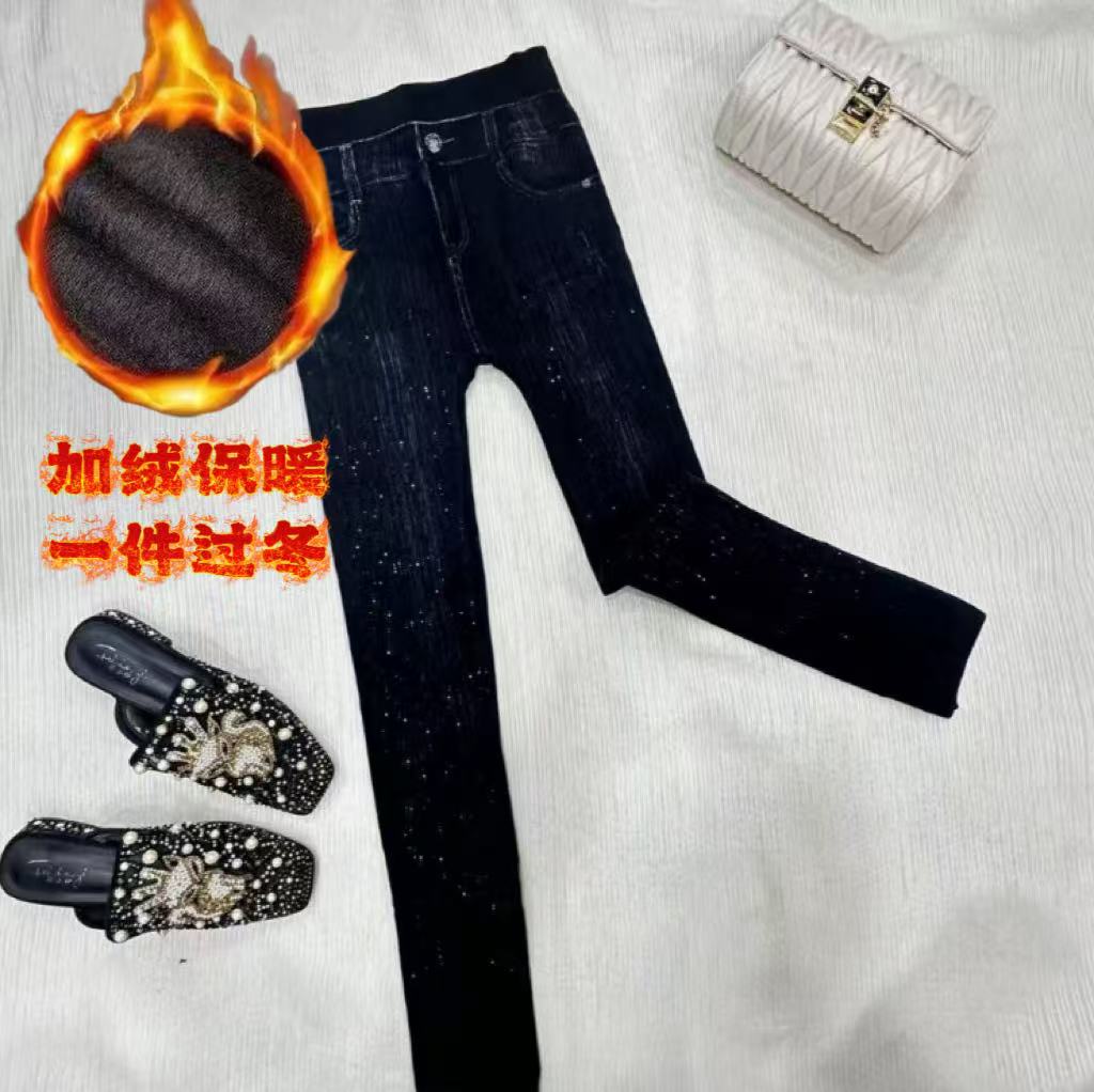 【加绒加厚弹力裤】新款3D烫钻女裤修身百搭打底裤！