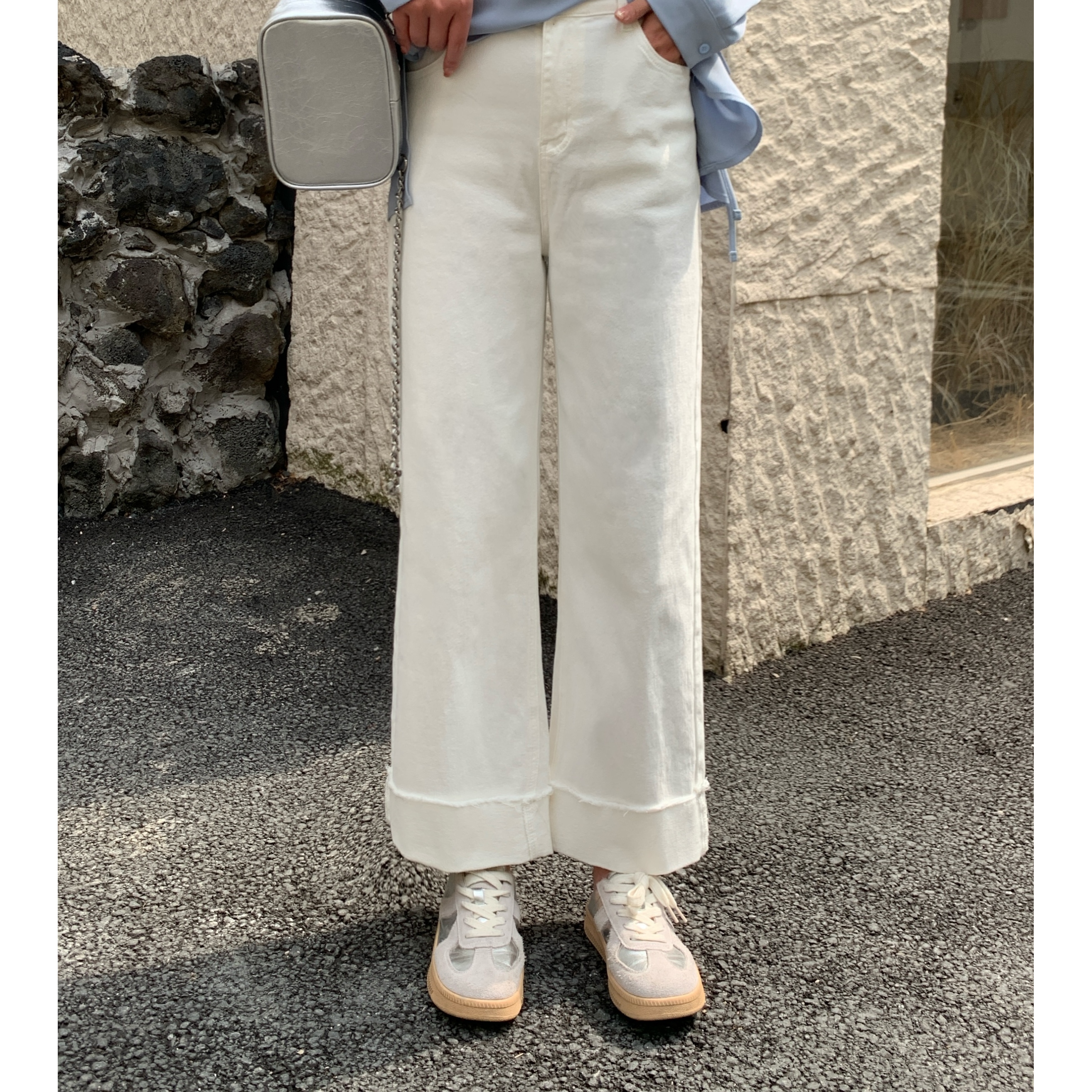 NANJIE/楠姐【时尚法则】薄款春季显瘦九分拼接白色牛仔裤XNS6275