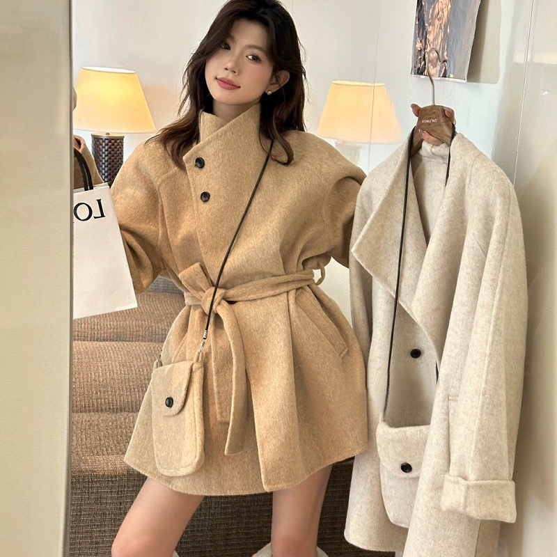 【25138】立领款系带收腰显瘦大衣女长款毛呢外套
