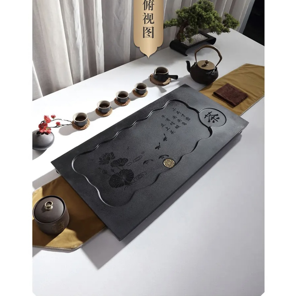 简约大气干湿分离乌金石石茶盘家用办公两用直排下水荷花茶盘茶艺