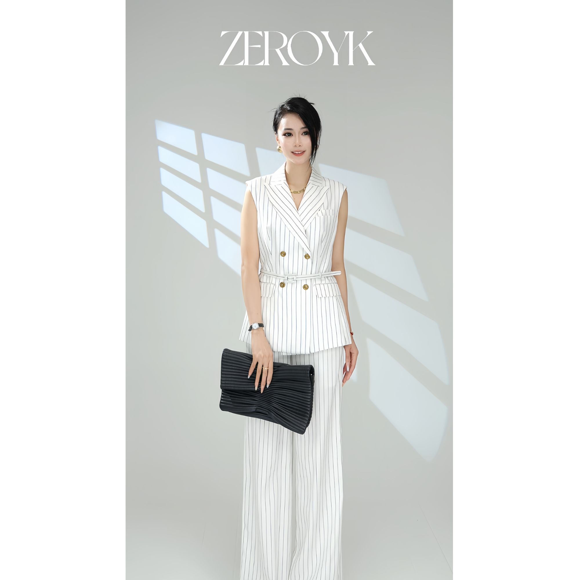 ZEROYK高级感职业装2025夏季设计感天丝麻条纹无袖上衣长裤两件套